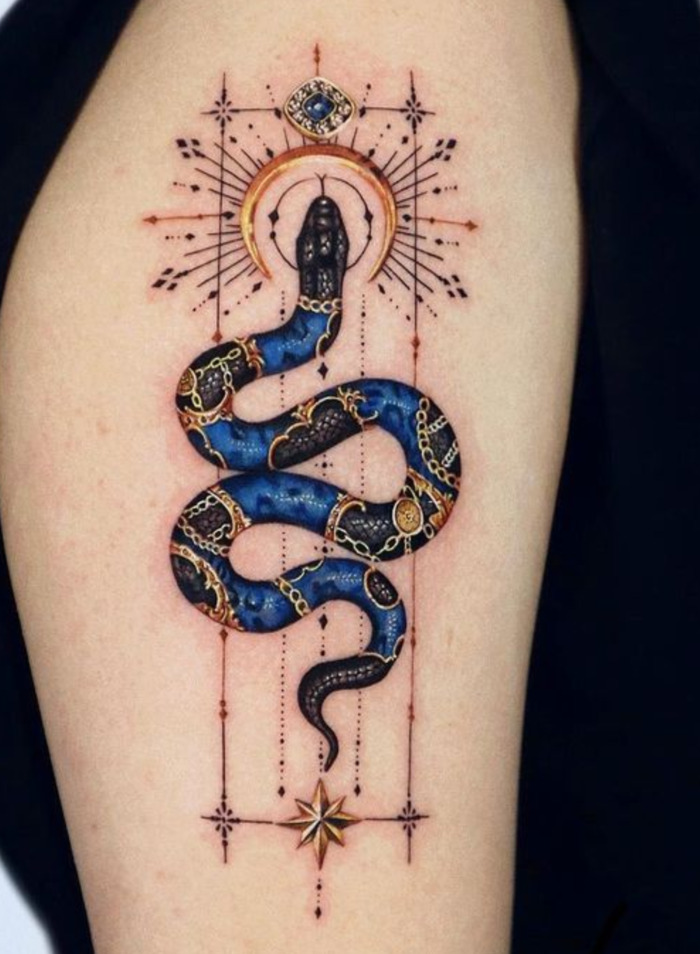 Blue and Gold Snake Tattoo