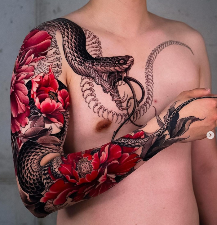 Cobra Snake with Red Flowers