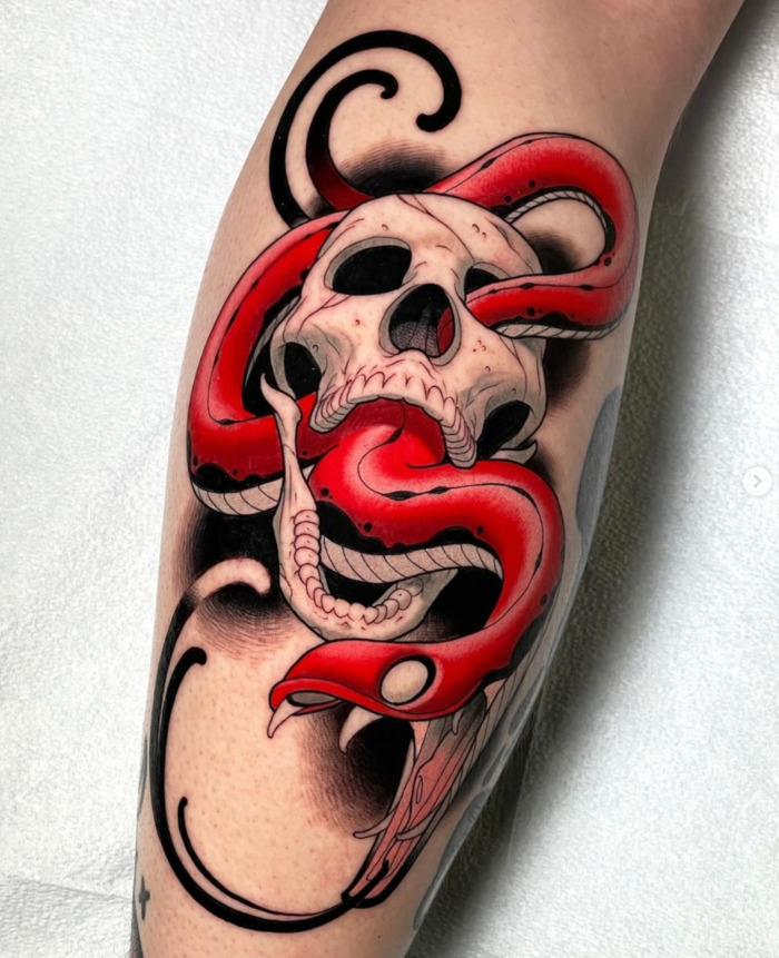 Skull with Red Snake Tattoo