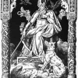 Odin - with wolves Geri and Freki and ravens Huginn and Munnin