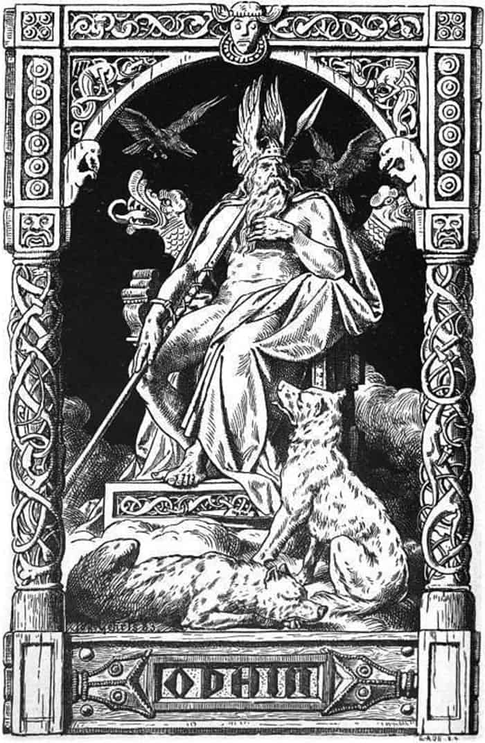 Odin - with wolves Geri and Freki and ravens Huginn and Munnin