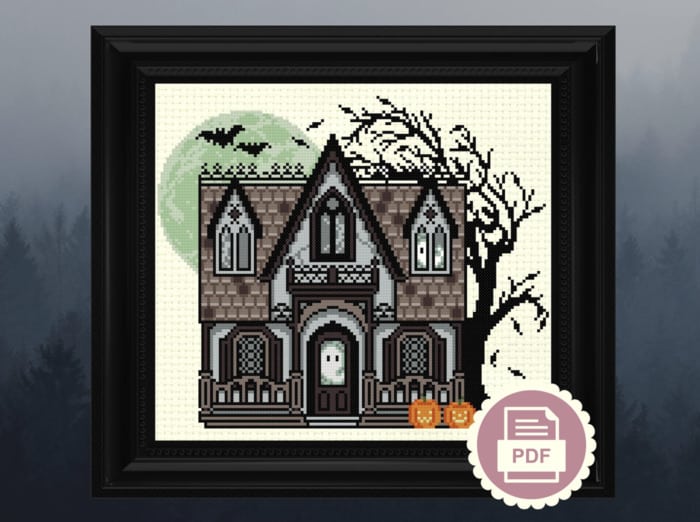 Halloween Cross Stitch Patterns - Haunted House with Ghosts