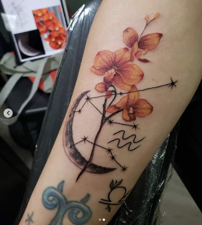 Aquarius Tattoos - Orchid and Constellation