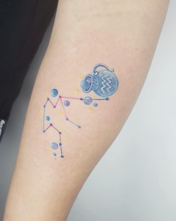 Aquarius Tattoos - pastel water jug and constellation