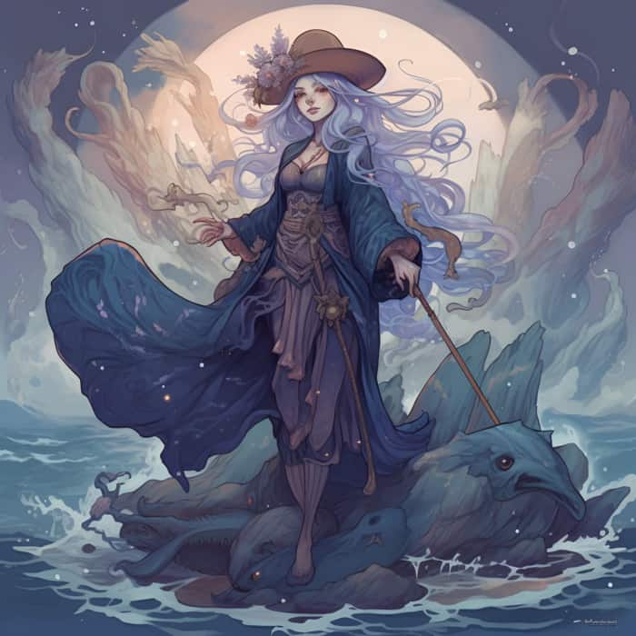 Sea Witches - Witch standing on ocean with creatures