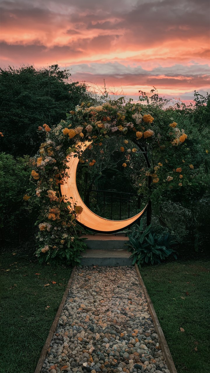 crescent moon gate with flowers