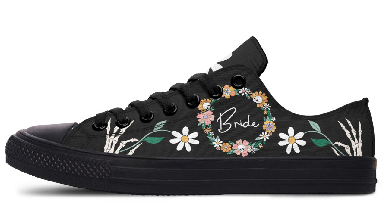 Goth Bride Low Top Sneakers with Flowers and Skeletons