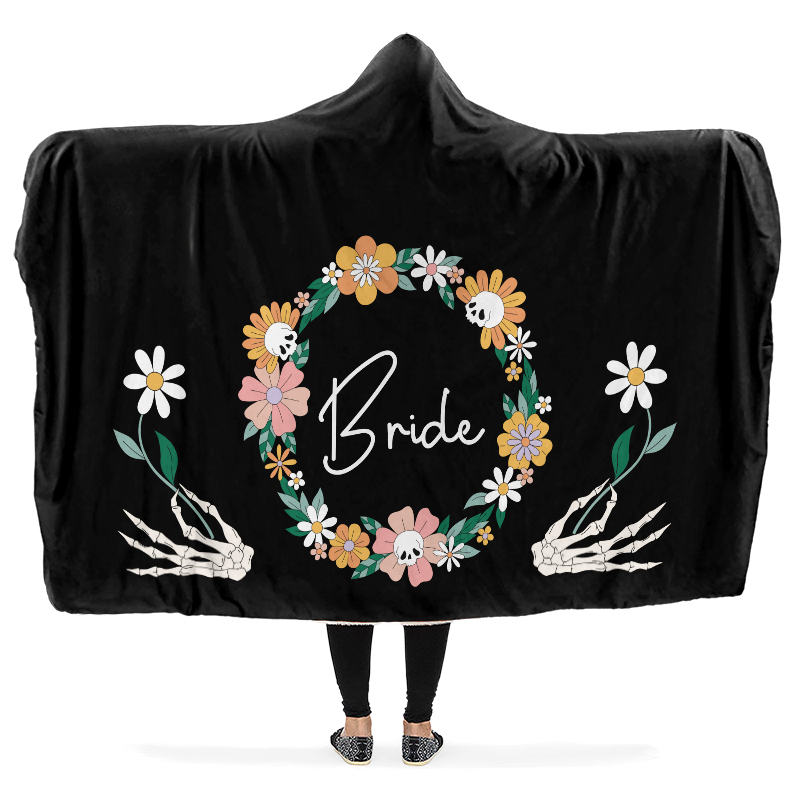 Goth Bride Hooded Blanket with Flowers and Skeletons